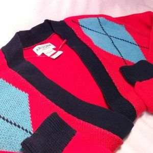 Arizona Jean Co Diamond Print Red and Blue Button Up Knit Sweater